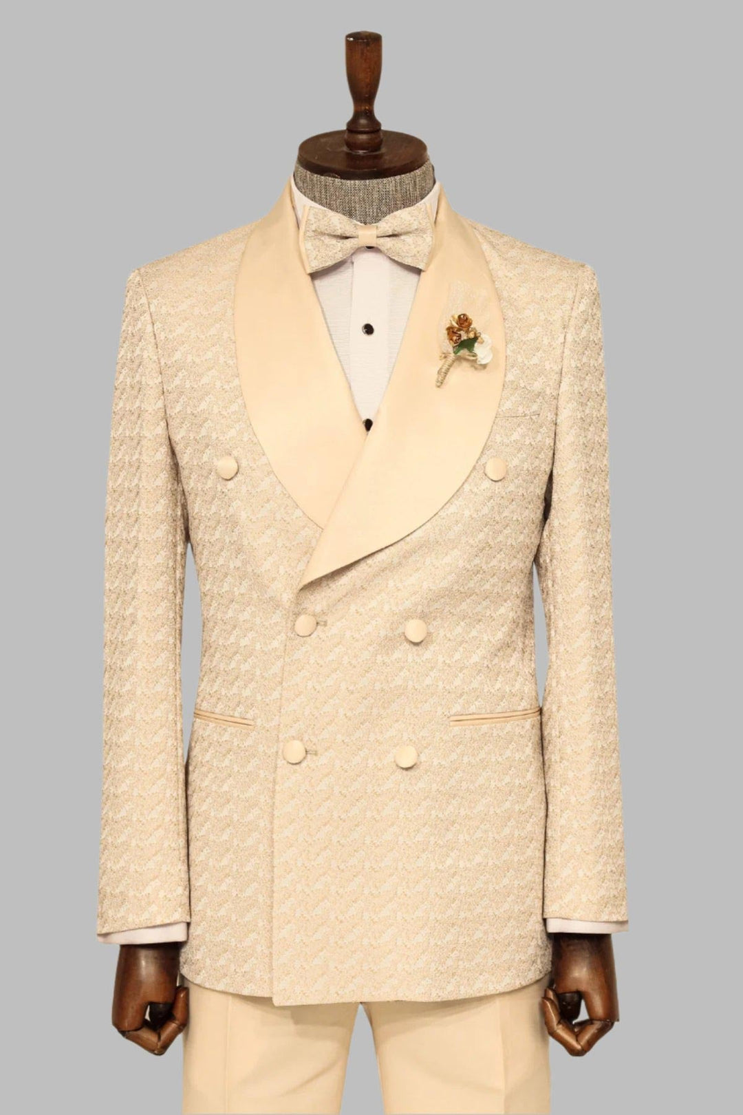 WSS Satin Shawl Collar Patterned Double Breasted  Champagne Men Tuxedo Suit  - Singen