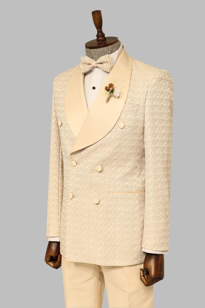 WSS Satin Shawl Collar Patterned Double Breasted  Champagne Men Tuxedo Suit  - Singen