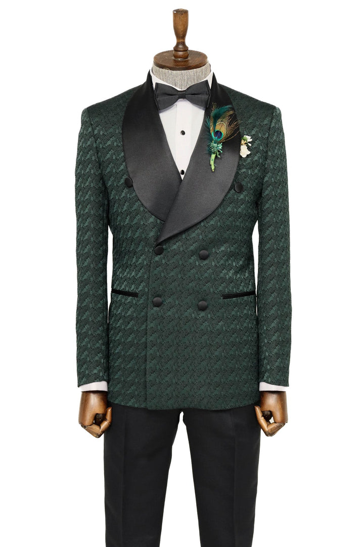 WSS Satin Shawl Collar Patterned Double Breasted Dark Green Men Tuxedo Suit  - Singen