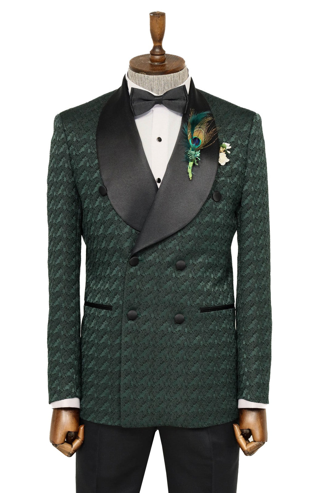 WSS Satin Shawl Collar Patterned Double Breasted Dark Green Men Tuxedo Suit  - Singen