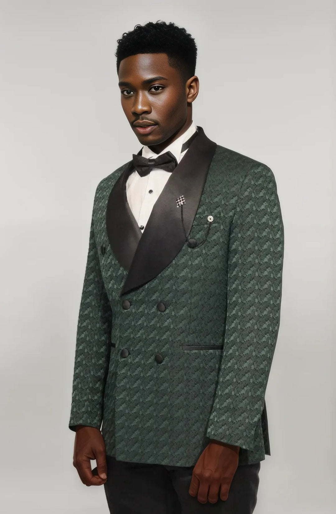 WSS Satin Shawl Collar Patterned Double Breasted Dark Green Men Tuxedo Suit  - Singen