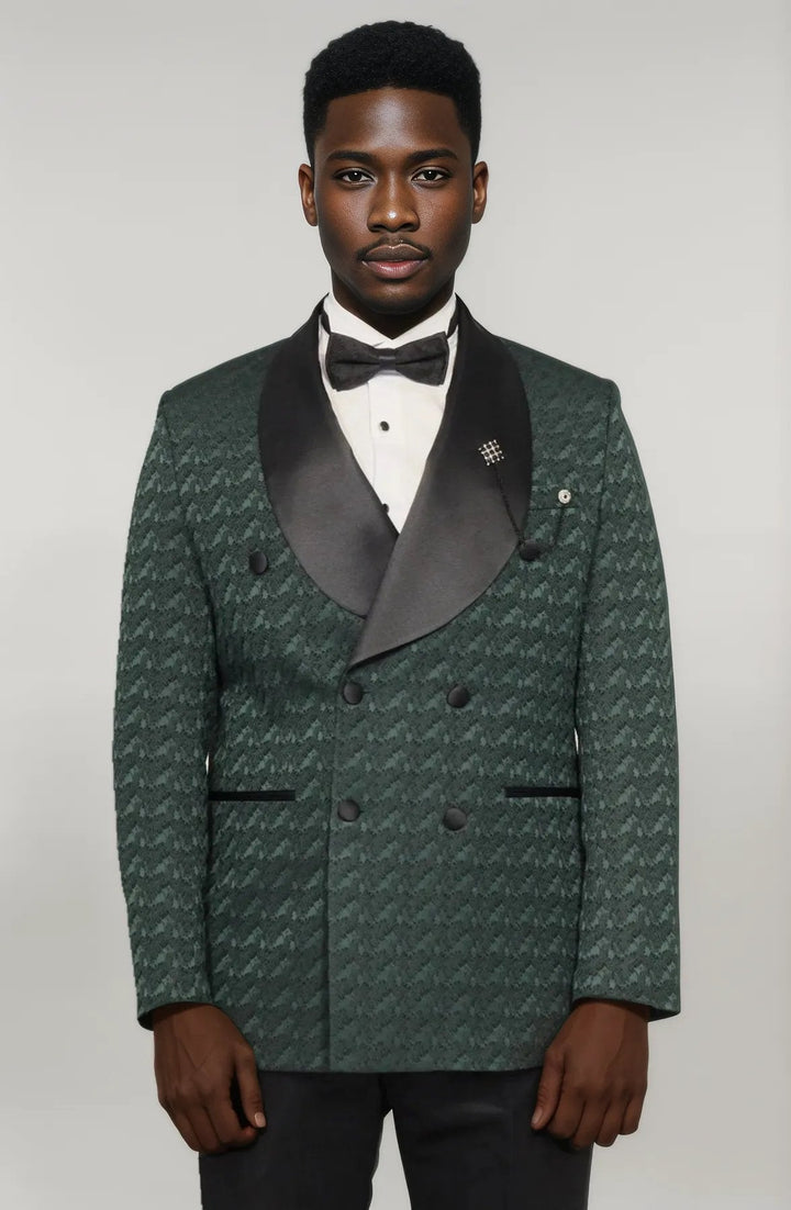 WSS Satin Shawl Collar Patterned Double Breasted Dark Green Men Tuxedo Suit  - Singen