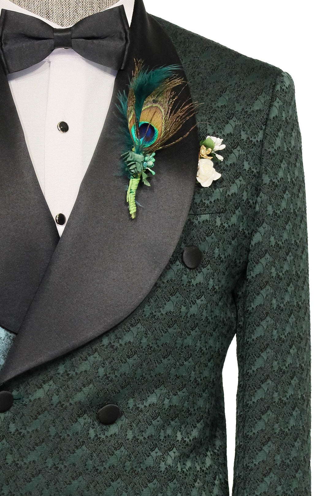 WSS Satin Shawl Collar Patterned Double Breasted Dark Green Men Tuxedo Suit  - Singen