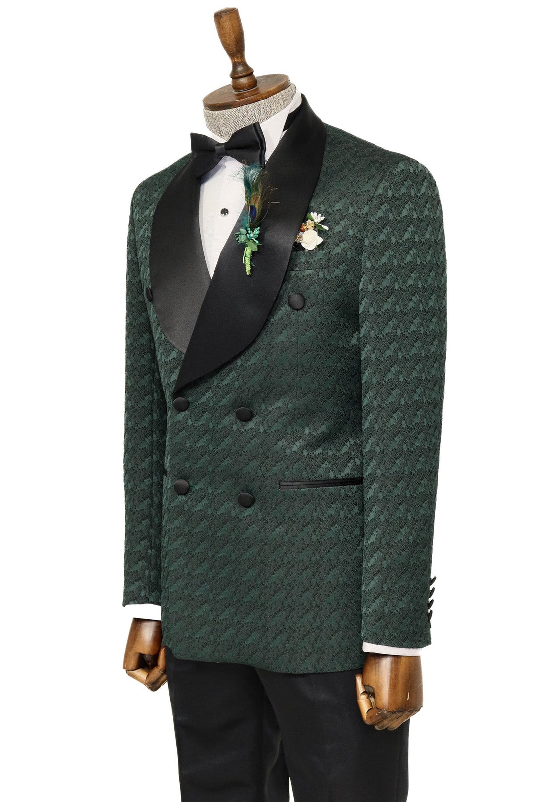 WSS Satin Shawl Collar Patterned Double Breasted Dark Green Men Tuxedo Suit  - Singen