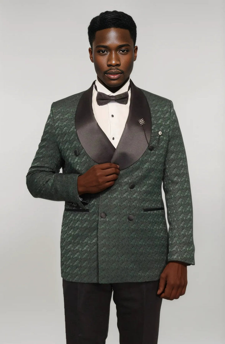 WSS Satin Shawl Collar Patterned Double Breasted Dark Green Men Tuxedo Suit  - Singen