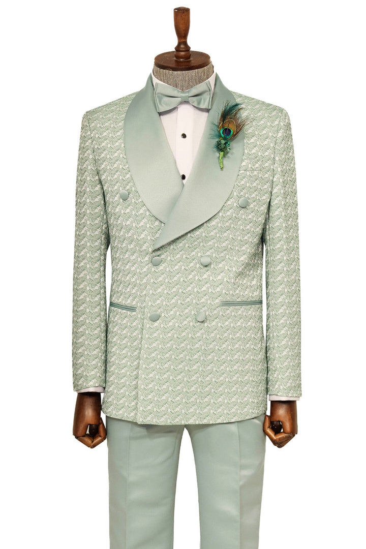 WSS Satin Shawl Collar Patterned Double Breasted Sage Green Men Tuxedo Suit  - Singen