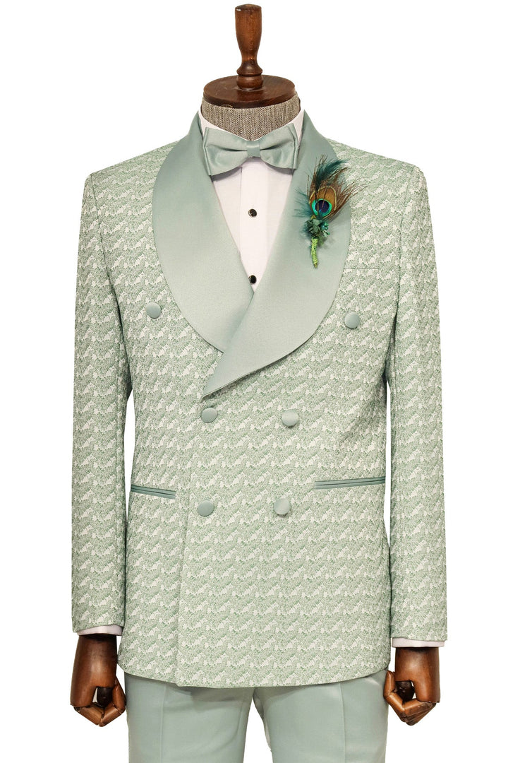 WSS Satin Shawl Collar Patterned Double Breasted Sage Green Men Tuxedo Suit  - Singen