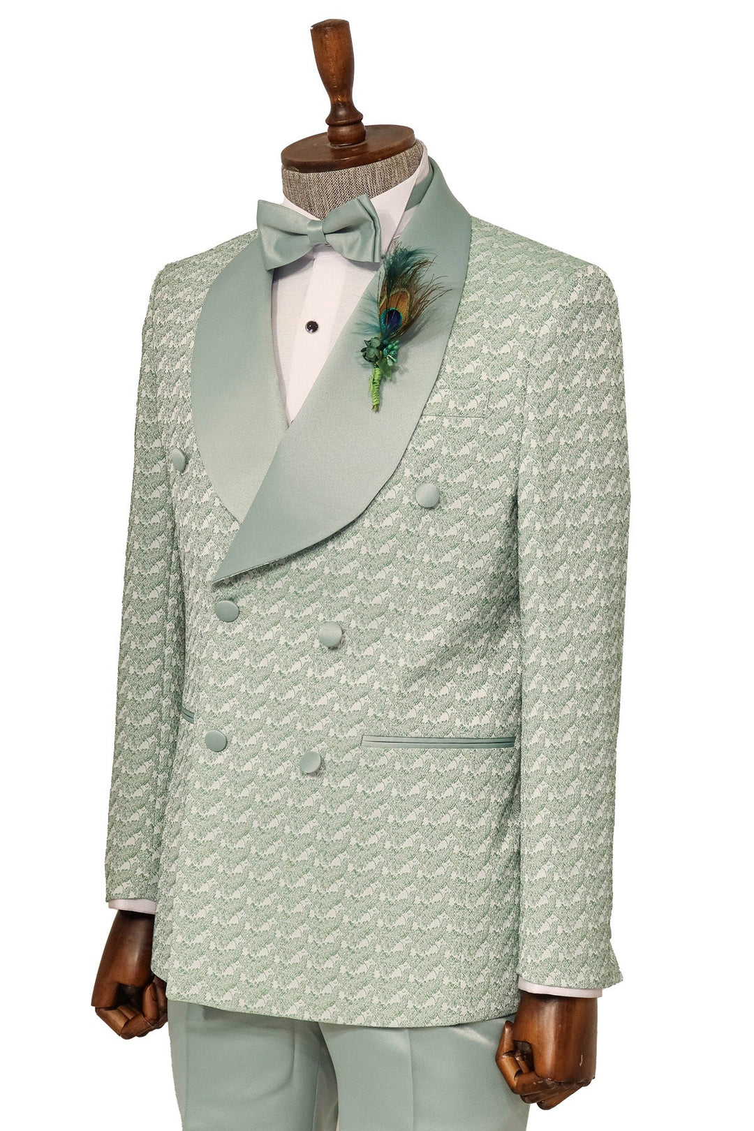 WSS Satin Shawl Collar Patterned Double Breasted Sage Green Men Tuxedo Suit  - Singen