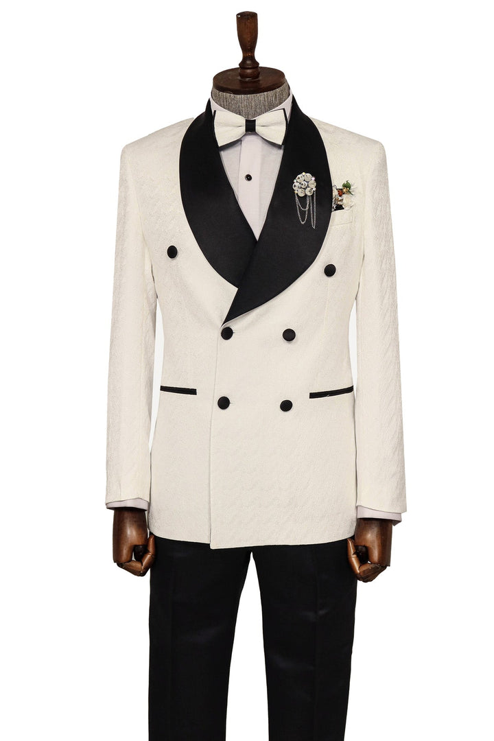 WSS Satin Shawl Collar Patterned Double Breasted White Men Tuxedo Suit  - Singen