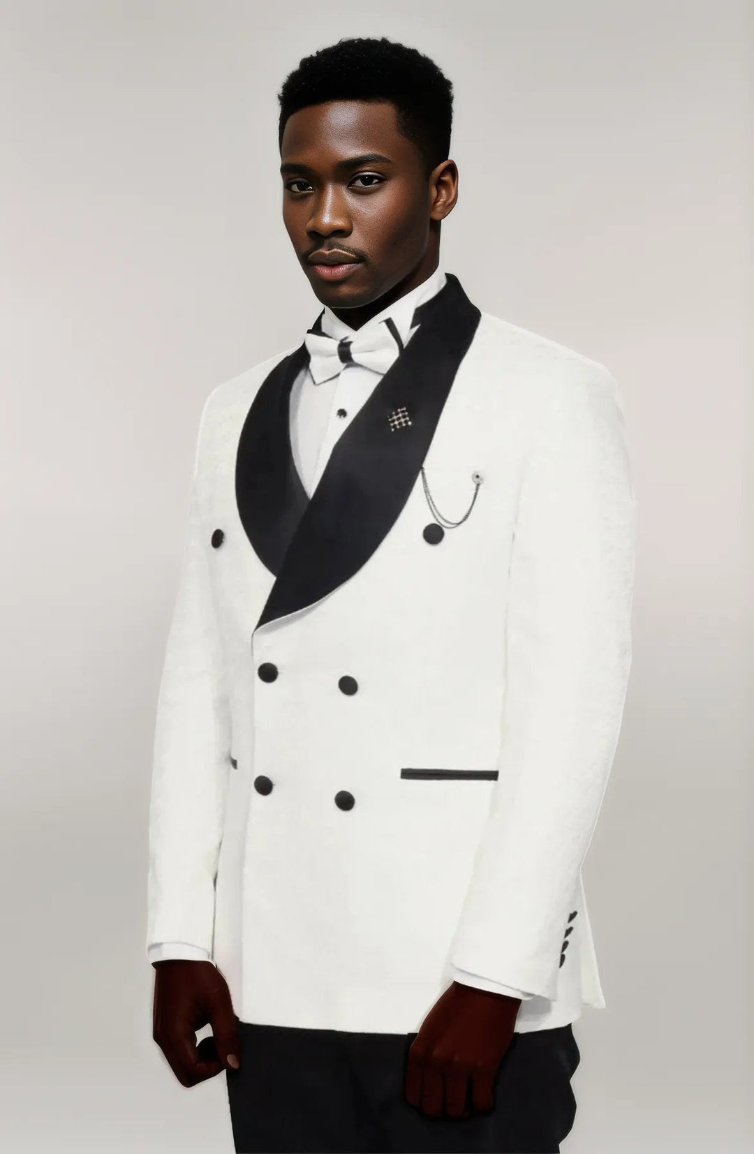 WSS Satin Shawl Collar Patterned Double Breasted White Men Tuxedo Suit  - Singen