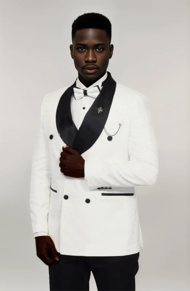 WSS Satin Shawl Collar Patterned Double Breasted White Men Tuxedo Suit  - Singen