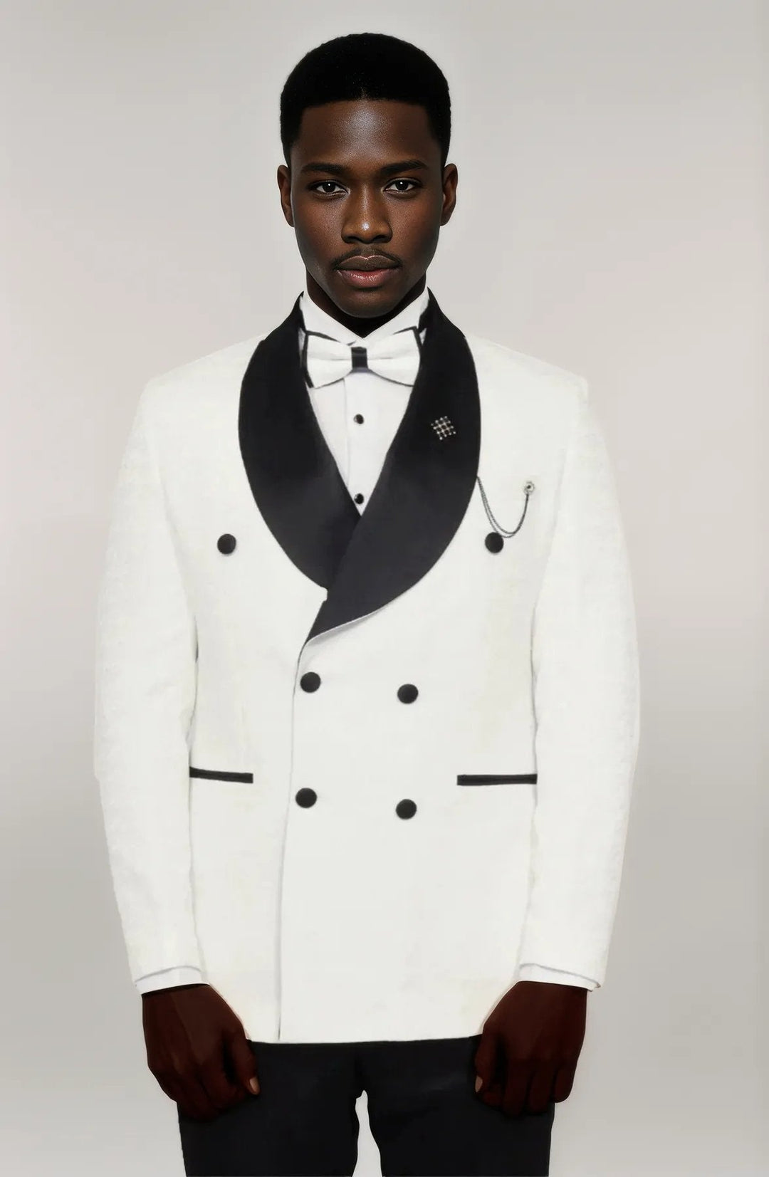 WSS Satin Shawl Collar Patterned Double Breasted White Men Tuxedo Suit  - Singen