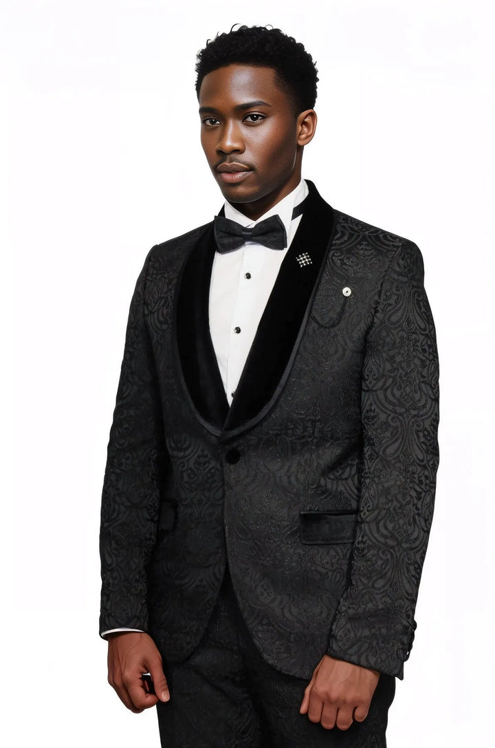 WSS 2 Piece Damask Patterned Velvet Shawl Collar Black Men's Tuxedo Suit  - Singen