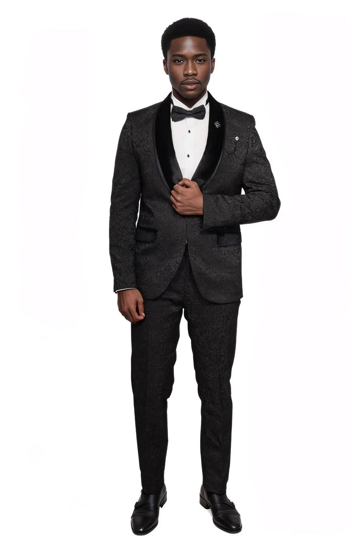 WSS 2 Piece Damask Patterned Velvet Shawl Collar Black Men's Tuxedo Suit  - Singen