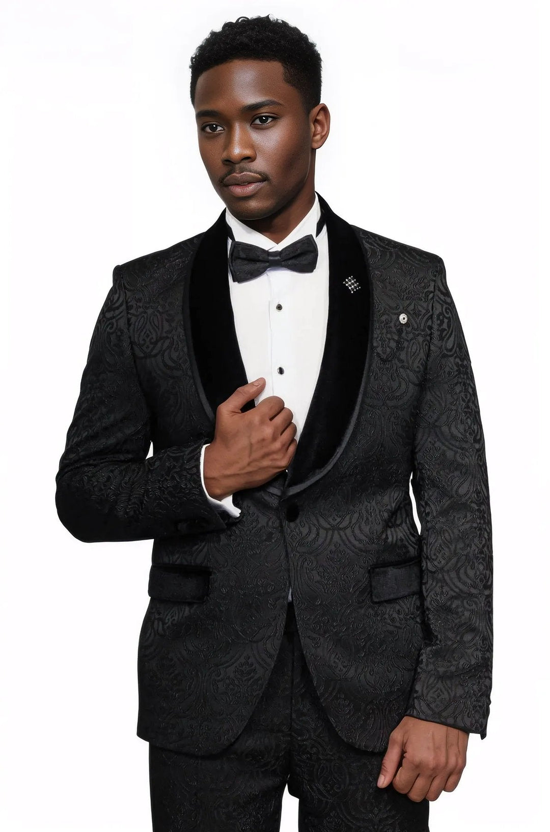 WSS 2 Piece Damask Patterned Velvet Shawl Collar Black Men's Tuxedo Suit  - Singen