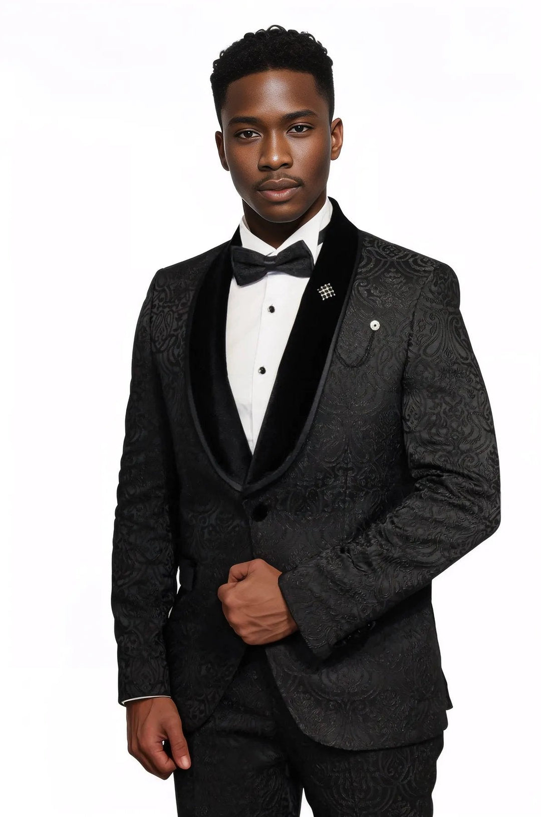 WSS 2 Piece Damask Patterned Velvet Shawl Collar Black Men's Tuxedo Suit  - Singen