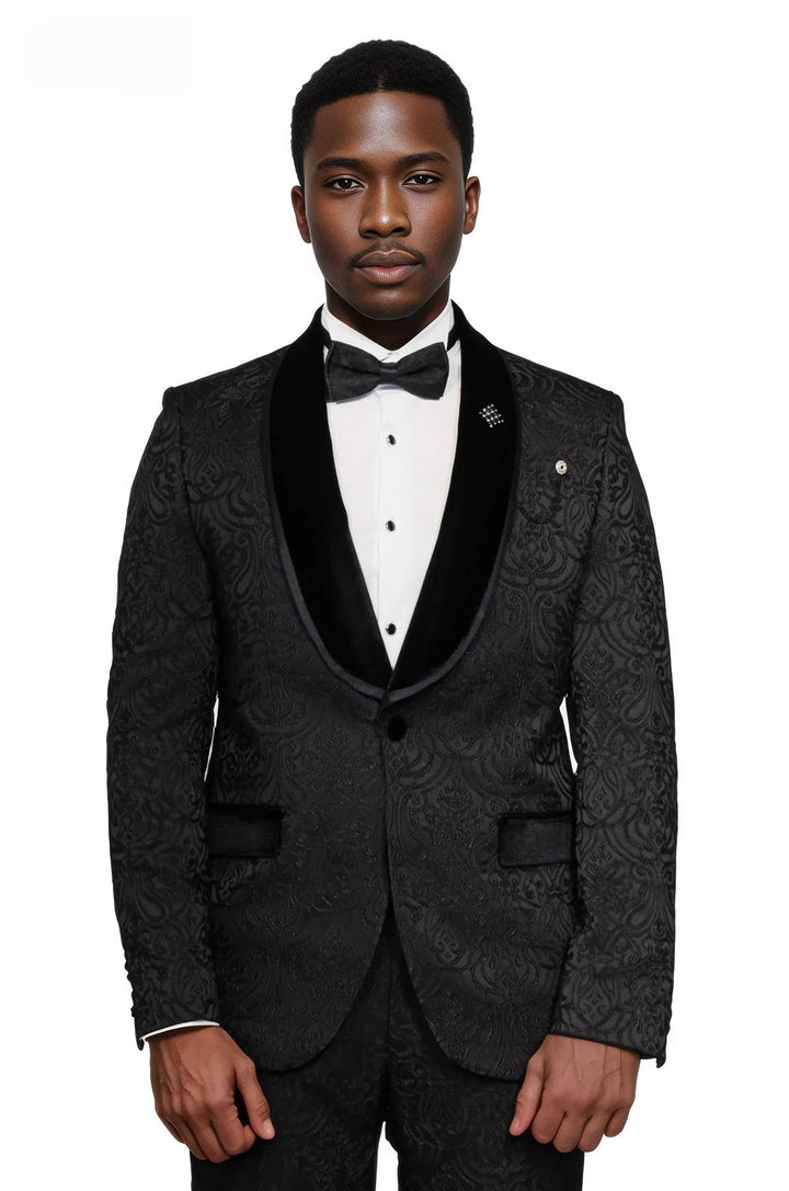 WSS 2 Piece Damask Patterned Velvet Shawl Collar Black Men's Tuxedo Suit  - Singen