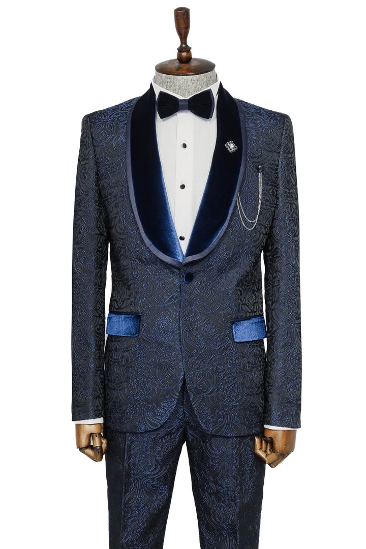 WSS 2 Piece Damask Patterned Velvet Shawl Collar Royal Blue Men's Tuxedo Suit  - Singen