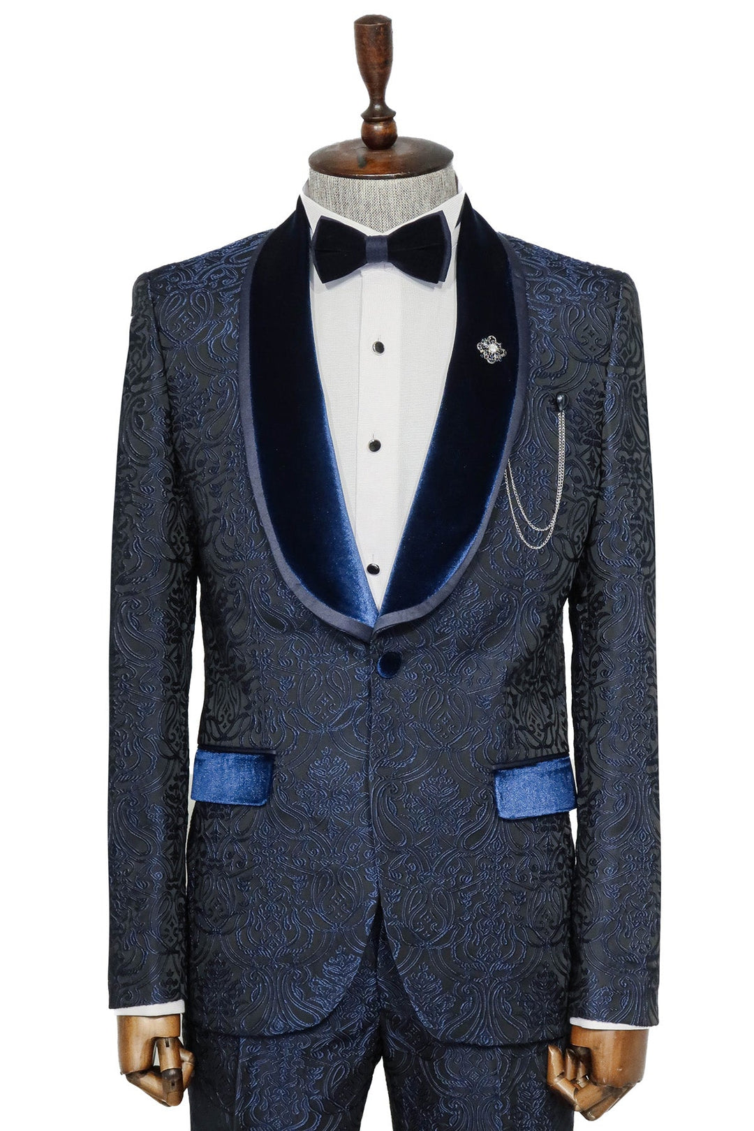 WSS 2 Piece Damask Patterned Velvet Shawl Collar Royal Blue Men's Tuxedo Suit  - Singen