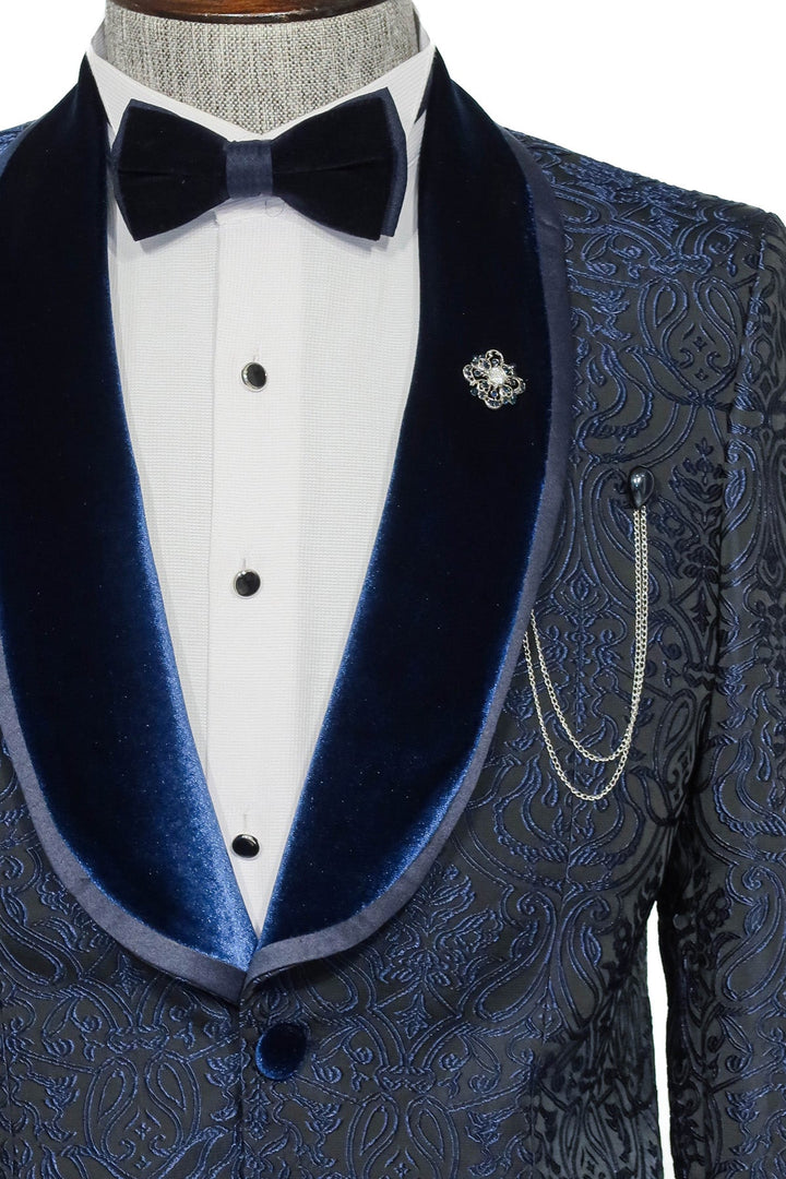 WSS 2 Piece Damask Patterned Velvet Shawl Collar Royal Blue Men's Tuxedo Suit  - Singen