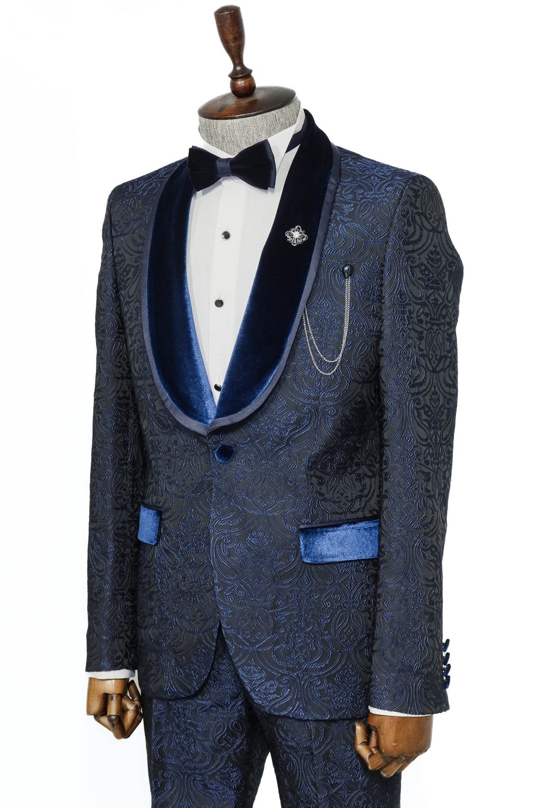 WSS 2 Piece Damask Patterned Velvet Shawl Collar Royal Blue Men's Tuxedo Suit  - Singen