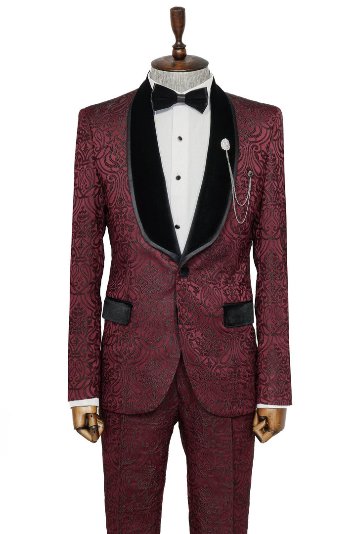 WSS 2 Piece Damask Patterned Velvet Shawl Collar Burgundy Men's Tuxedo Suit  - Singen