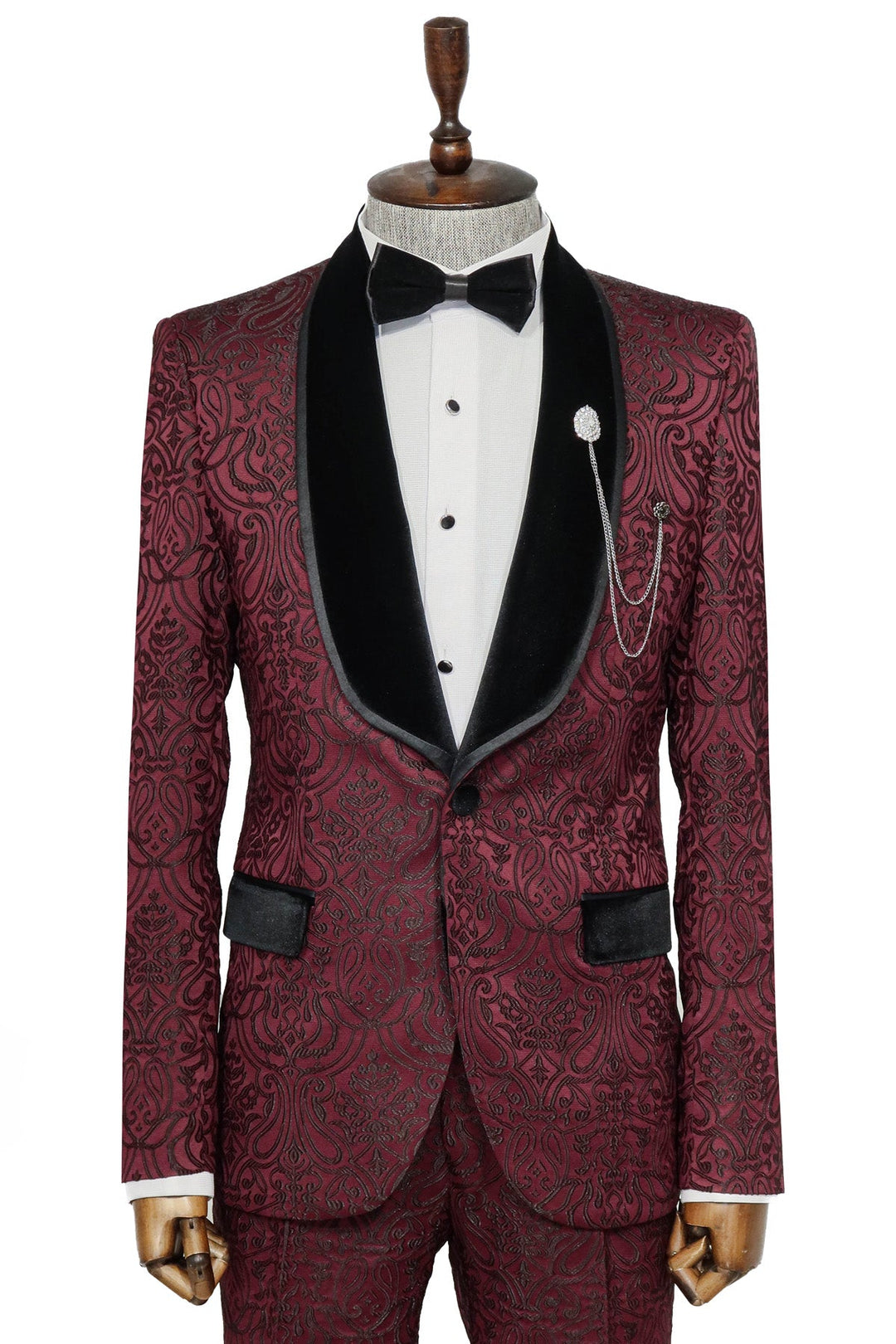 WSS 2 Piece Damask Patterned Velvet Shawl Collar Burgundy Men's Tuxedo Suit  - Singen