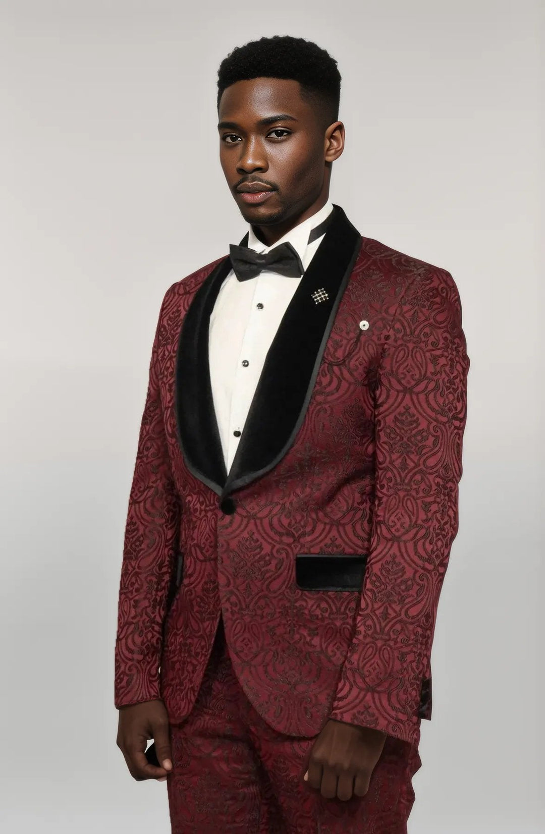 WSS 2 Piece Damask Patterned Velvet Shawl Collar Burgundy Men's Tuxedo Suit  - Singen