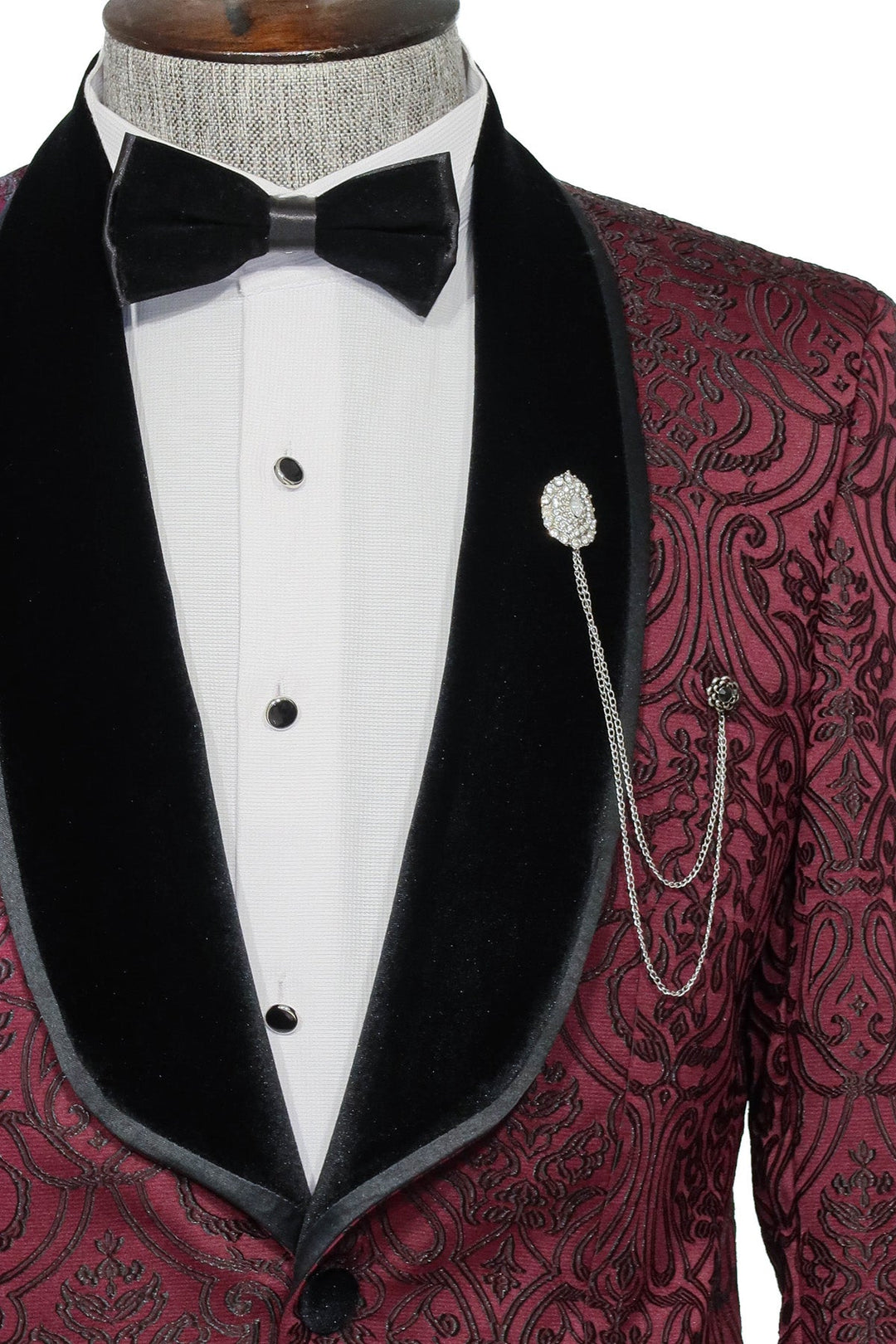 WSS 2 Piece Damask Patterned Velvet Shawl Collar Burgundy Men's Tuxedo Suit  - Singen