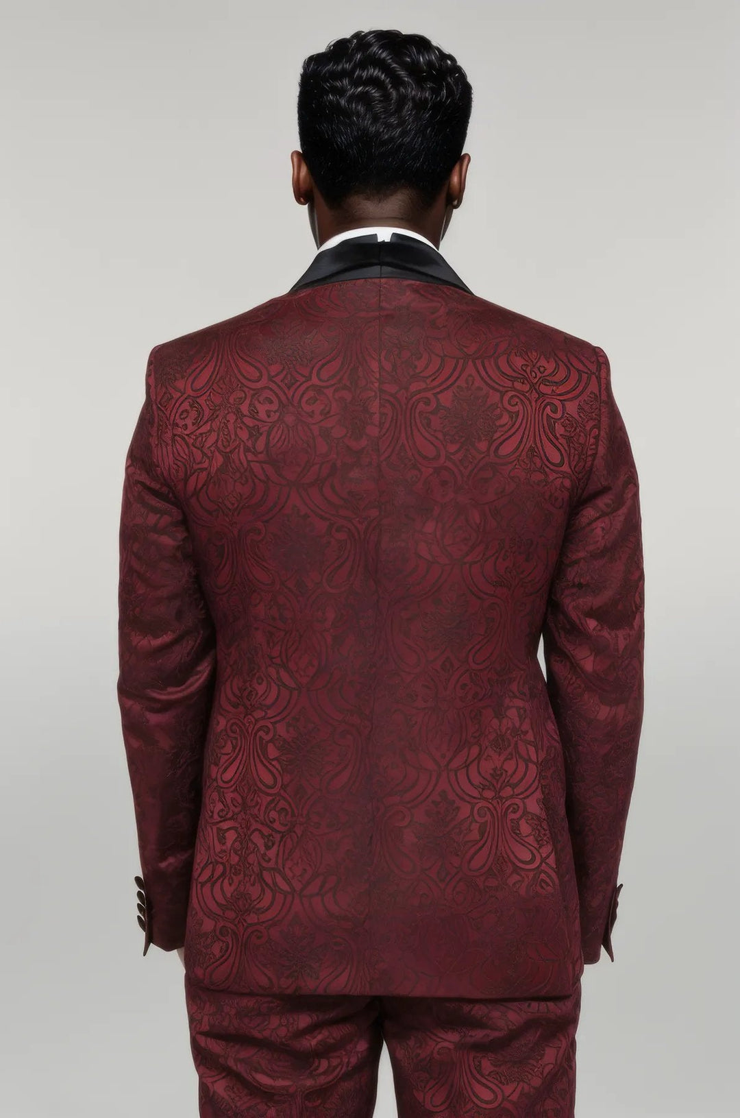 WSS 2 Piece Damask Patterned Velvet Shawl Collar Burgundy Men's Tuxedo Suit  - Singen