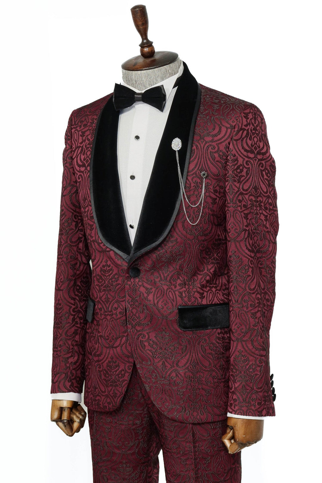 WSS 2 Piece Damask Patterned Velvet Shawl Collar Burgundy Men's Tuxedo Suit  - Singen