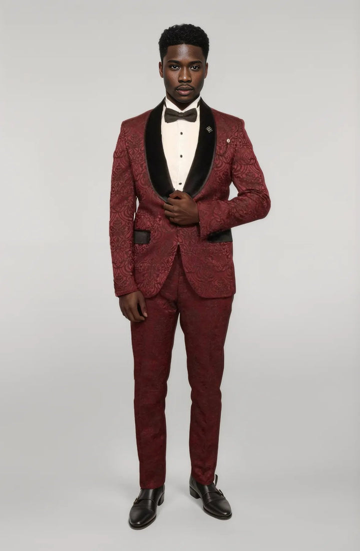 WSS 2 Piece Damask Patterned Velvet Shawl Collar Burgundy Men's Tuxedo Suit  - Singen