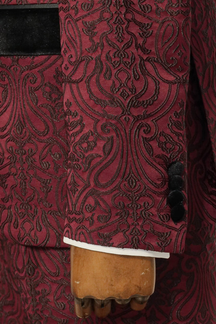 WSS 2 Piece Damask Patterned Velvet Shawl Collar Burgundy Men's Tuxedo Suit  - Singen