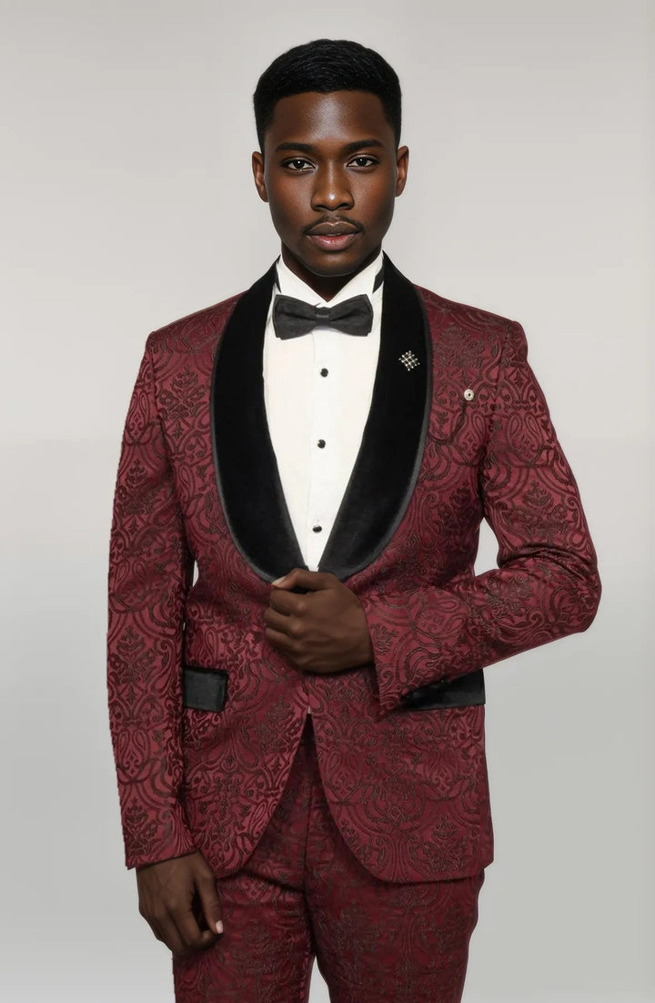 WSS 2 Piece Damask Patterned Velvet Shawl Collar Burgundy Men's Tuxedo Suit  - Singen