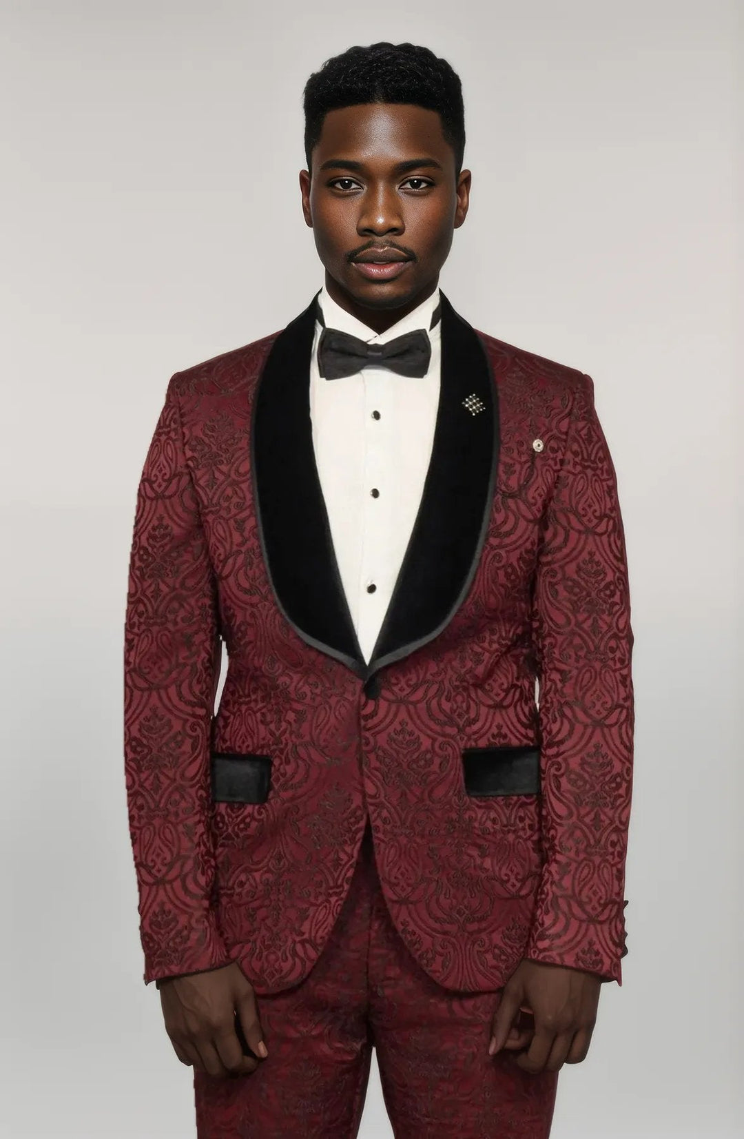 WSS 2 Piece Damask Patterned Velvet Shawl Collar Burgundy Men's Tuxedo Suit  - Singen