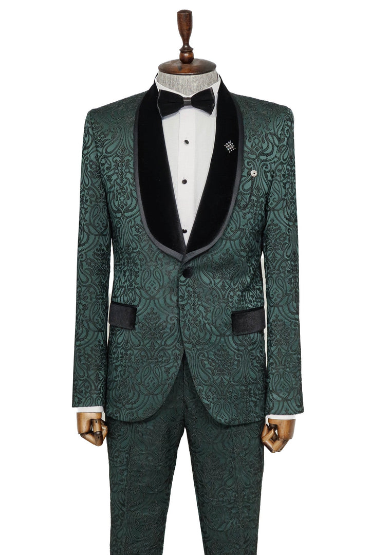 WSS 2 Piece Damask Patterned Velvet Shawl Collar Emerald Green Men's Tuxedo Suit  - Singen