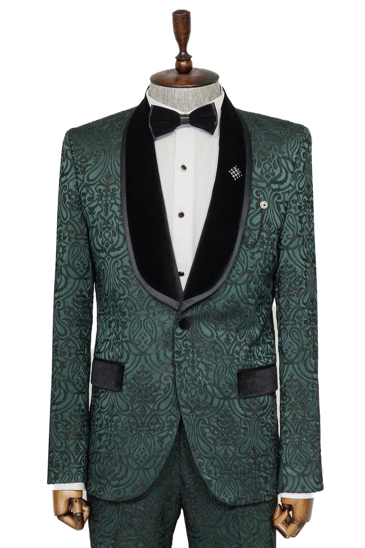 WSS 2 Piece Damask Patterned Velvet Shawl Collar Emerald Green Men's Tuxedo Suit  - Singen