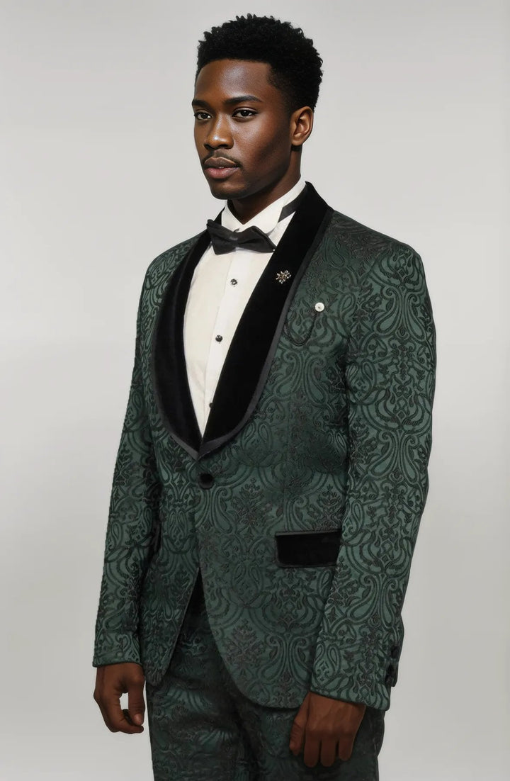 WSS 2 Piece Damask Patterned Velvet Shawl Collar Emerald Green Men's Tuxedo Suit  - Singen