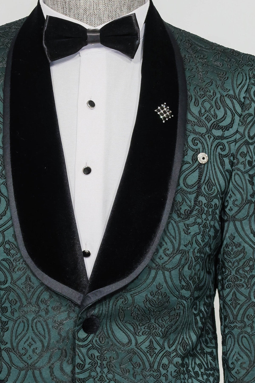 WSS 2 Piece Damask Patterned Velvet Shawl Collar Emerald Green Men's Tuxedo Suit  - Singen