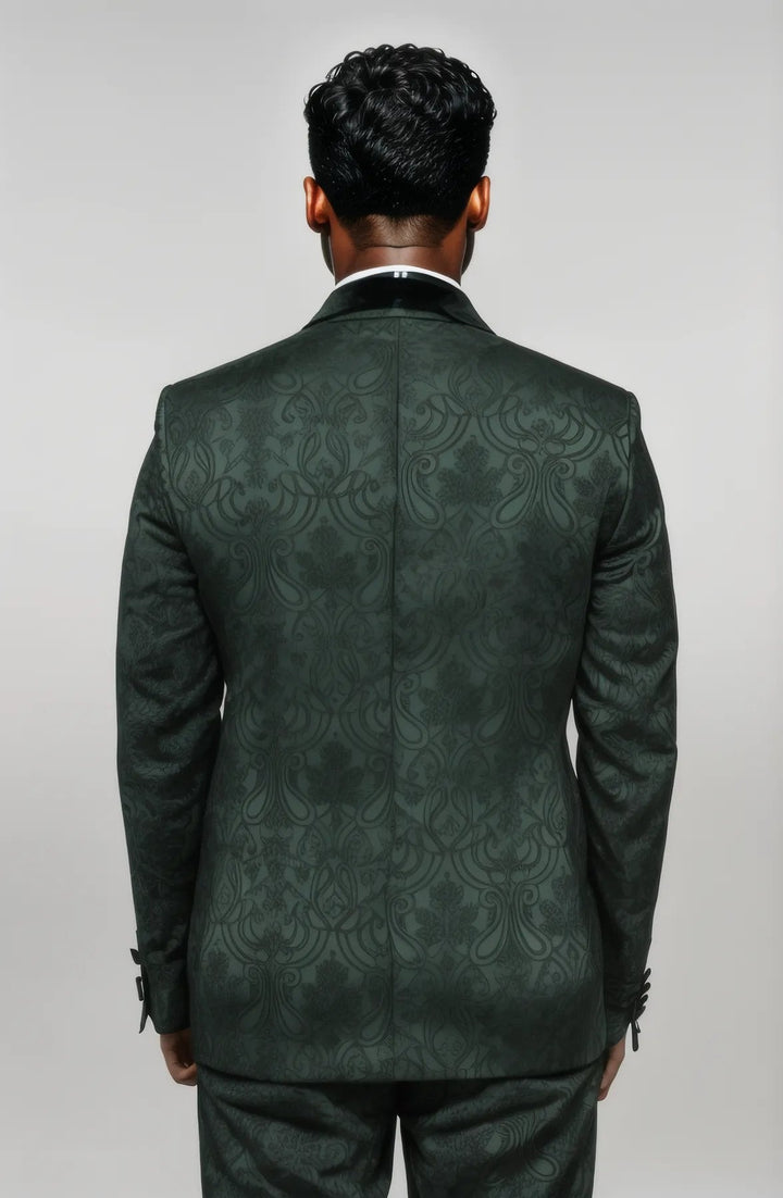 WSS 2 Piece Damask Patterned Velvet Shawl Collar Emerald Green Men's Tuxedo Suit  - Singen