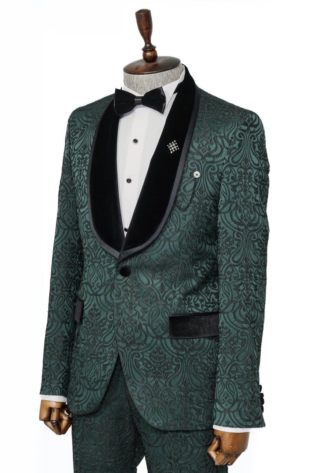 WSS 2 Piece Damask Patterned Velvet Shawl Collar Emerald Green Men's Tuxedo Suit  - Singen