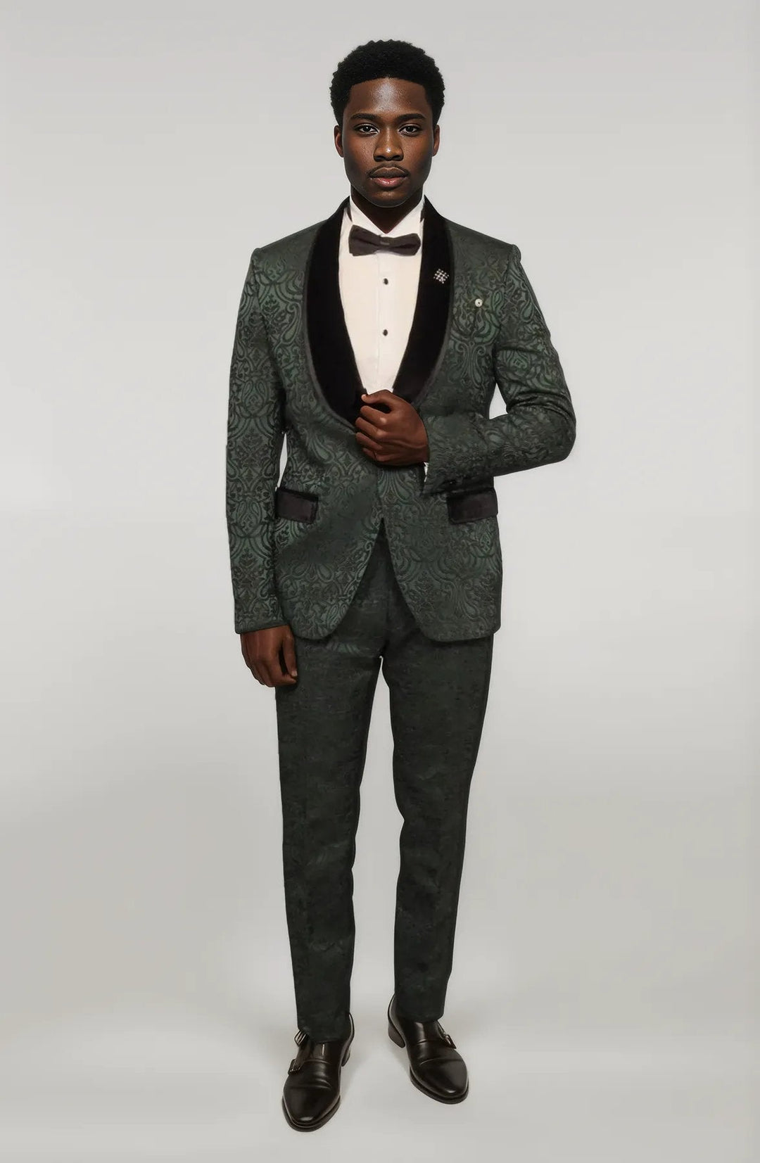 WSS 2 Piece Damask Patterned Velvet Shawl Collar Emerald Green Men's Tuxedo Suit  - Singen