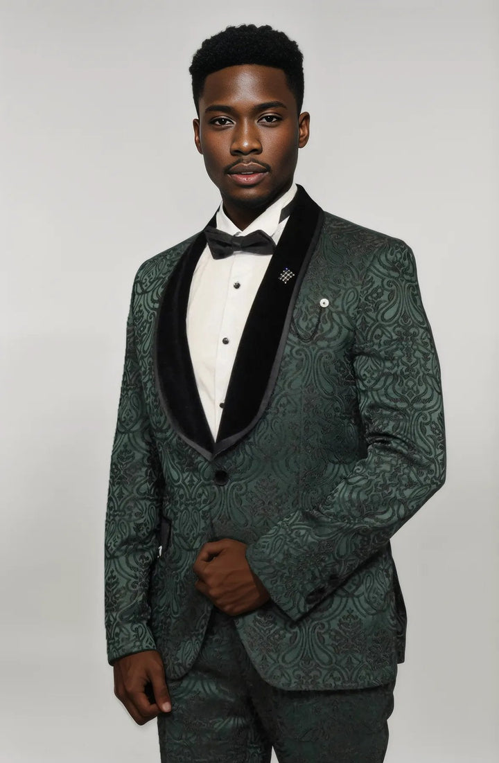 WSS 2 Piece Damask Patterned Velvet Shawl Collar Emerald Green Men's Tuxedo Suit  - Singen