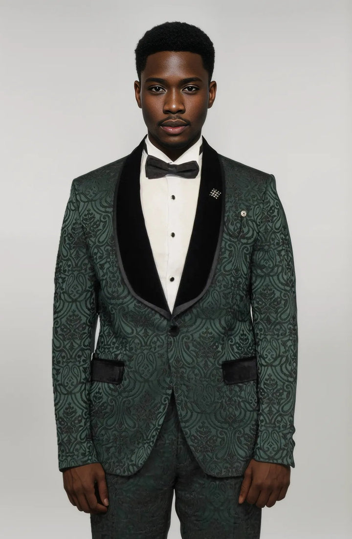 WSS 2 Piece Damask Patterned Velvet Shawl Collar Emerald Green Men's Tuxedo Suit  - Singen