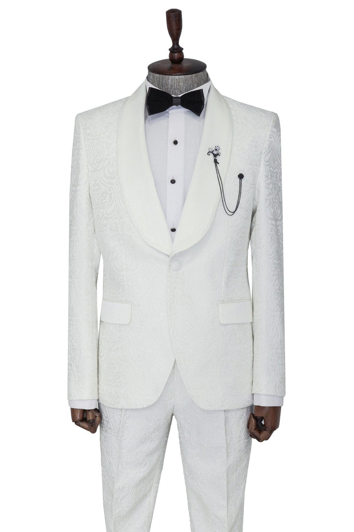 WSS 2 Piece Damask Patterned Velvet Shawl Collar White Men's Tuxedo Suit  - Singen