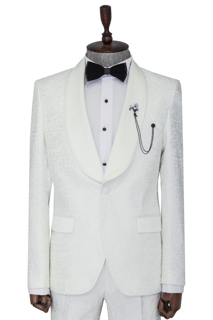 WSS 2 Piece Damask Patterned Velvet Shawl Collar White Men's Tuxedo Suit  - Singen