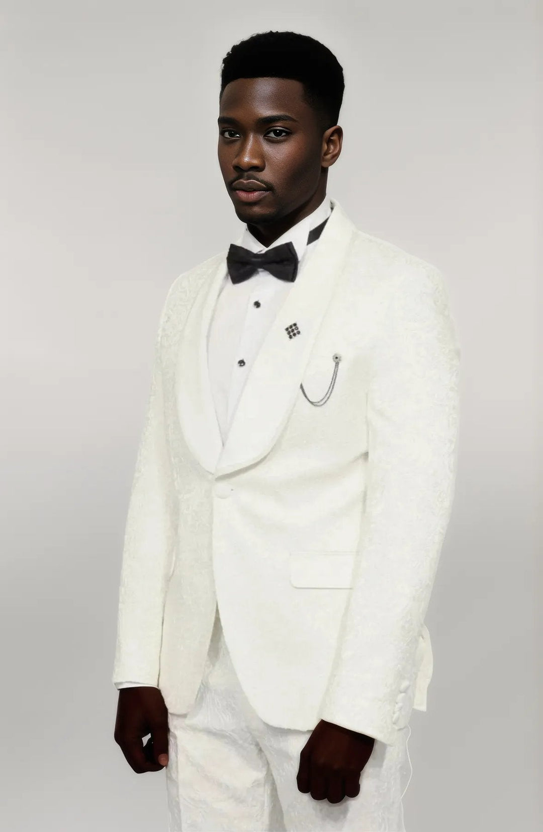 WSS 2 Piece Damask Patterned Velvet Shawl Collar White Men's Tuxedo Suit  - Singen