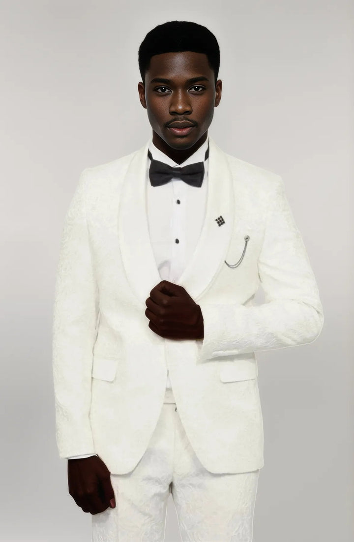 WSS 2 Piece Damask Patterned Velvet Shawl Collar White Men's Tuxedo Suit  - Singen