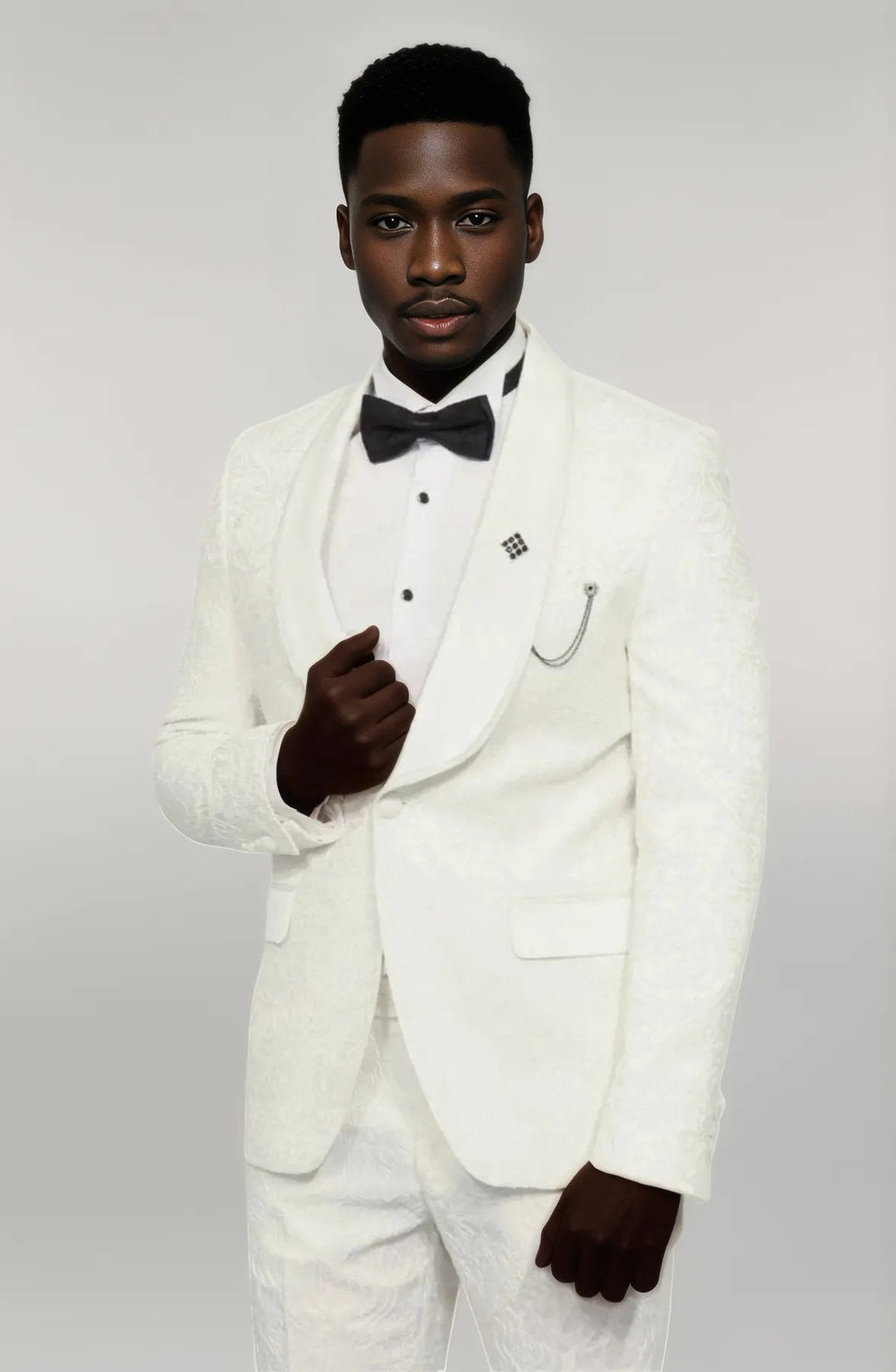 WSS 2 Piece Damask Patterned Velvet Shawl Collar White Men's Tuxedo Suit  - Singen