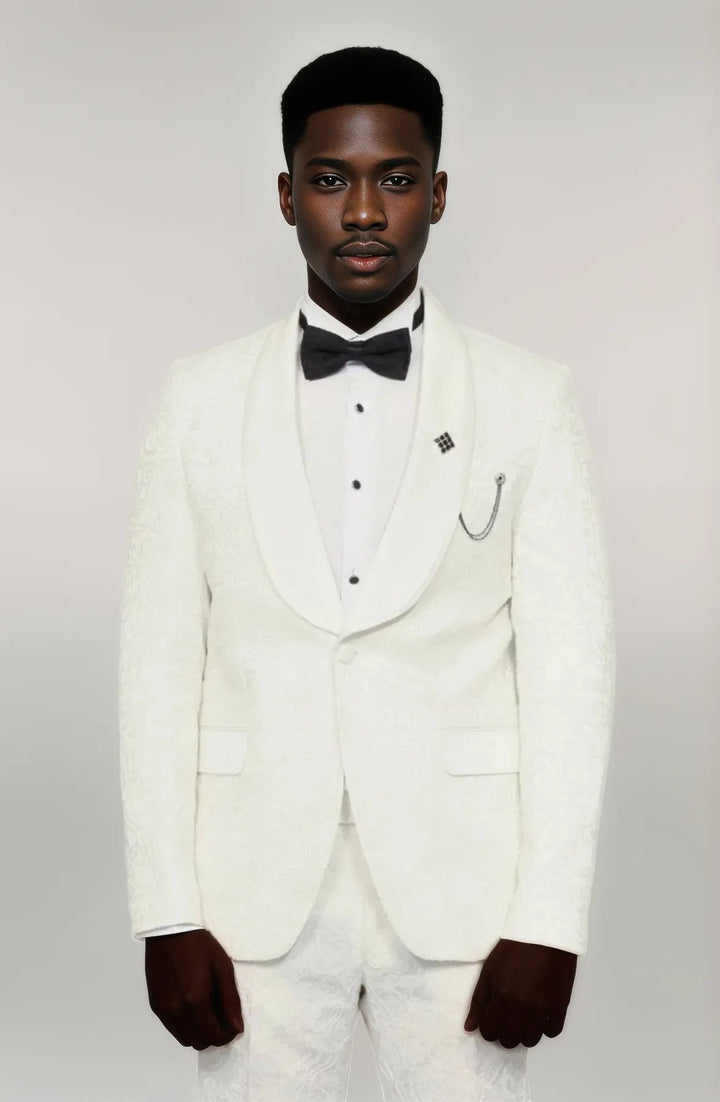 WSS 2 Piece Damask Patterned Velvet Shawl Collar White Men's Tuxedo Suit  - Singen